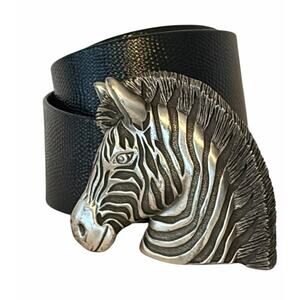 Douglas Paquette Zebra Head Belt Buckle Black Leather Textured Large Silver RARE